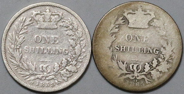 1859 1865 Victoria Shilling Great Britain Sterling Silver 2 Coins (23122603R)