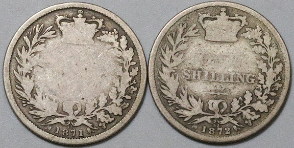 1871 1872 Victoria Shilling Great Britain Sterling Silver 2 Coins (23122604R)