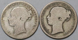 1871 1872 Victoria Shilling Great Britain Sterling Silver 2 Coins (23122604R)