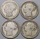 1872 1874 1880 1885 Victoria Shilling Great Britain Sterling 4 Silver Coins (23122605R)