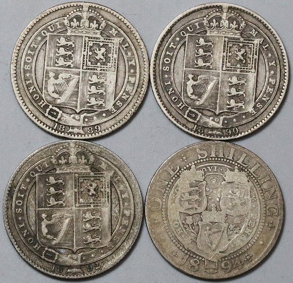 1889 1890 1892 1894 Victoria Shilling Great Britain Sterling Silver Coins (22070506R)