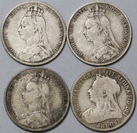1889 1890 1892 1894 Victoria Shilling Great Britain Sterling Silver Coins (22070506R)