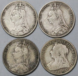 1889 1890 1892 1894 Victoria Shilling Great Britain Sterling Silver Coins (22070506R)