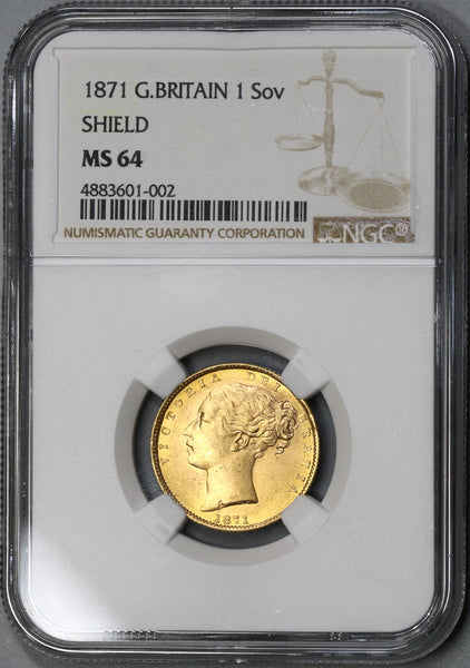 1871 NGC MS 64 Victoria Gold Sovereign Great Britain Shield Reverse Di ...