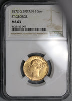 1872 NGC MS 63 Victoria Gold Sovereign Great Britain St George Coin (19030801C)
