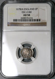 1678/6 NGC AU 58 Charles II 2 Pence Great Britain 1/2 Groat Overdate Silver Coin POP 1/1 (23013102C)