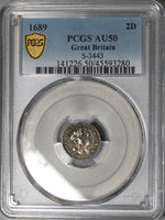 1689 PCGS AU 50 William Mary 2 Pence 1/2 Groat Great Britain Silver Coin (22102302C)