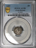 1689 PCGS AU 50 William Mary 2 Pence 1/2 Groat Great Britain Silver Coin (22102302C)