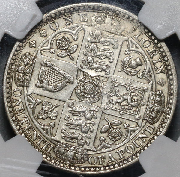 1849 NGC AU Det Victoria Gothic Florin Great Britain 2 Shillings
