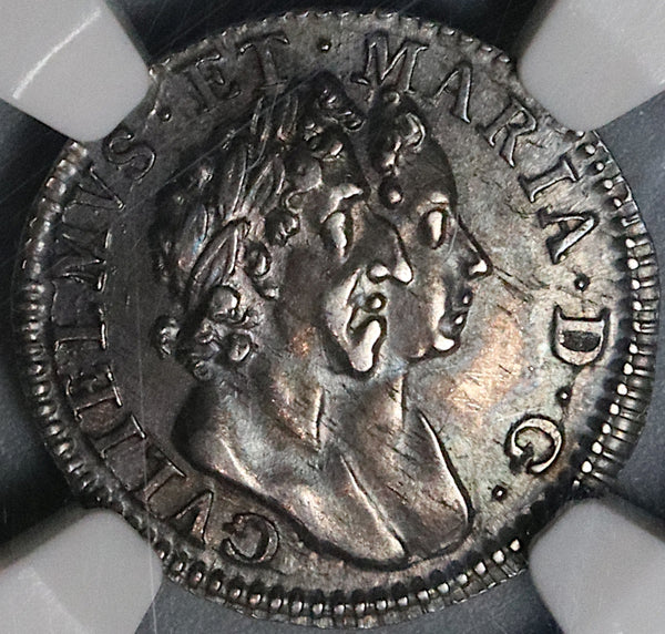 1689 NGC AU 58 William Mary 3 Pence Great Britain Silver Coin POP 1/0 (21100602C)