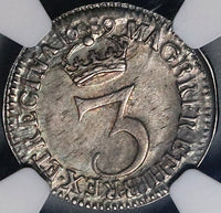 1689 NGC AU 58 William Mary 3 Pence Great Britain Silver Coin POP 1/0 (21100602C)