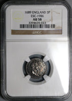 1689 NGC AU 58 William Mary 3 Pence Great Britain Silver Coin POP 1/0 (21100602C)