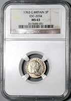 1763 NGC MS 63 George III 3 Pence  Great Britain Silver Coin (20061601C)