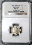 1763 NGC MS 63 George III 3 Pence  Great Britain Silver Coin (20061601C)