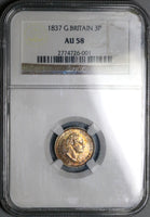 1837 NGC AU 58 William IV Great Britain 3 Pence Rare Silver Coin POP 1/0 (22091902D)