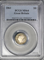 1861 PCGS MS 64 Victoria 3 Pence Great Britain Silver Coin (18110405C)