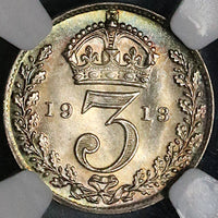 1913 NGC MS 65+ George V 3 Pence Great Britain Gem Sterling Silver Coin (22100903C)