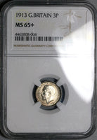 1913 NGC MS 65+ George V 3 Pence Great Britain Gem Sterling Silver Coin (22100903C)