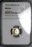 1913 NGC MS 65+ George V 3 Pence Great Britain Gem Sterling Silver Coin (22100903C)