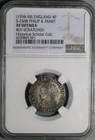 1554 NGC XF Mary Philip Groat 4 Pence Britain Tudor England Coin (23011001C)
