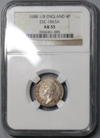 1688 NGC AU 55 James II 1/8 Date Error 4 Pence Groat Great Britain Rare Silver Coin POP 1/0 (21090801C)