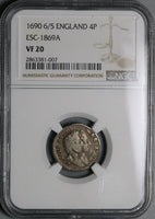 1690 6/5 NGC VF 20 William Mary 4 Pence Groat Great Britain England Mint Error Coin (21100602C)