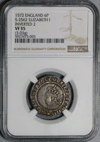 1572 NGC VF 35 Elizabeth I 6 Pence Inverted 2 Mint Error Britain England Hammered Silver Coin POP 1/0 (21052701C)