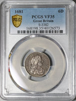 1681 PCGS VF 35 Charles II 6 Pence Great Britain Sterling Silver Coin S-3382 (20120702C)