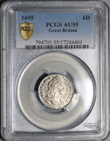 1695 PCGS AU55 William III 6 Pence England Great Britain Rare Silver Coin (19101601C)