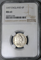 1697 NGC MS 63 William III 6 Pence Great Brtiain Mint State Coin (19102004C)