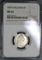 1697 NGC MS 64 William III 6 Pence Great Britain Mint State Silver Coin (19082502C)