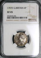 1707-E NGC XF 45 Anne 6 Pence Great Britain Silver Post Union Coin (21090707C)