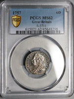 1757 PCGS MS 62 George II 6 Pence Great Britain Sterling Silver Colonial Coin (23021902C)