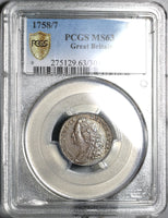 1758/7 PCGS MS 63 George II 6 Pence Great Britain Overdate Rare Coin (17070601D)
