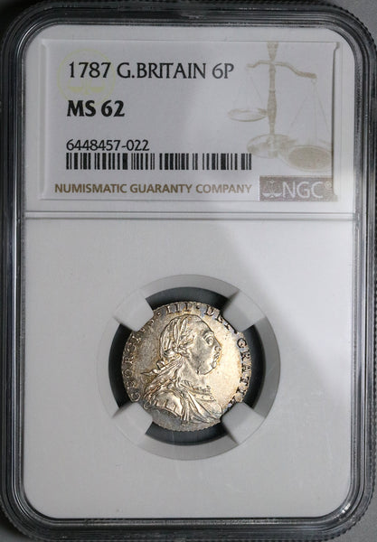 1787 NGC MS 62 George III 6 Pence Great Britain No Hearts Silver