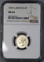 1839 NGC MS 64 Victoria 6 pence Great Britain Silver Coin (18110801C)