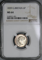 1839 NGC MS 64 Victoria 6 Pence Great Britain Mint State Coin (21011001C)