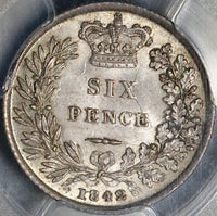 1842 PCGS MS 64 Victoria 6 Pence Great Britain Silver Rare Sterling Coin (21092301D)