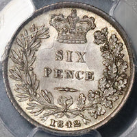 1842 PCGS MS 64 Victoria 6 Pence Great Britain Silver Rare Sterling Coin (21092301D)