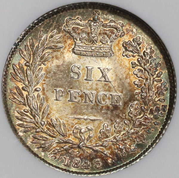 1843 NGC MS 64 Victoria 6 Pence Great Britain Rare Silver Royal