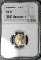 1846 NGC MS 64 Victoria 6 Pence Great Britain Mint State Silver Coin (20011403C)