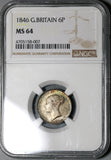 1846 NGC MS 64 Victoria 6 Pence Great Britain Mint State Silver Coin (20011403C)