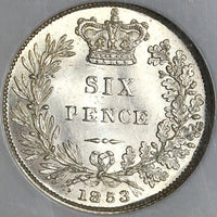 1853 NGC MS 64 Victoria 6 Pence Great Britain Mint State Silver Coin (22022001C)