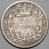 1865 Victoria 6 Pence Great Britain Rare Sterling Silver Die 6 Coin (22070404R)