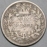 1865 Victoria 6 Pence Great Britain Rare Sterling Silver Die 6 Coin (22070404R)