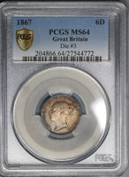 1867 PCGS MS 64 Victoria 6 Pence Die 3 Rare Great Britain R2 Sterling Silver Coin (21092304C)