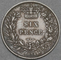 1871 Victoria 6 Pence Great Britain XF Sterling Silver Die 38 Coin (20082901R)