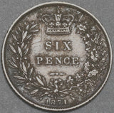 1871 Victoria 6 Pence Great Britain XF Sterling Silver Die 38 Coin (20082901R)