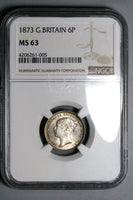 1873 NGC MS 63 Victoria 6 Pence Great Britain Die 21 Sterling Silver Coin (23011804C)