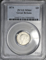 1874 PCGS MS 64 Victoria 6 Pence Die 28 Great Britain Silver Coin (17032802D)